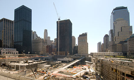 An aerial image shows the destruction at Ground Zero in NY and the site of the proposed Islamic victory mosque a block away.
