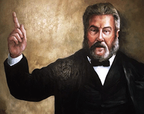 A rough color portrait of Charles Haddon Spurgeon from the front holding his right index finger in the air.