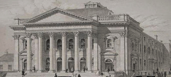 A pencil drawing of the Metropolitan Tabernacle as it existed in Charles Haddon Spurgeon's day.