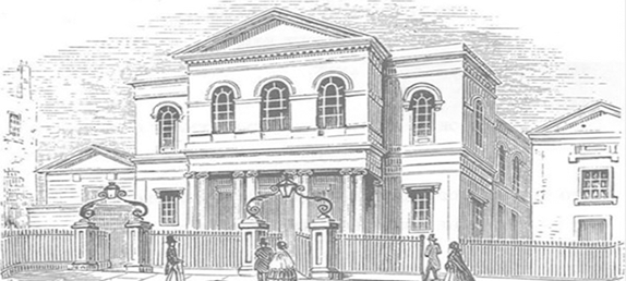 A pencil drawing of the New Park Street Chapel as it existed in Charles Haddon Spurgeon's day.