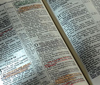 An open Bible with various passages highlighted in different colors.